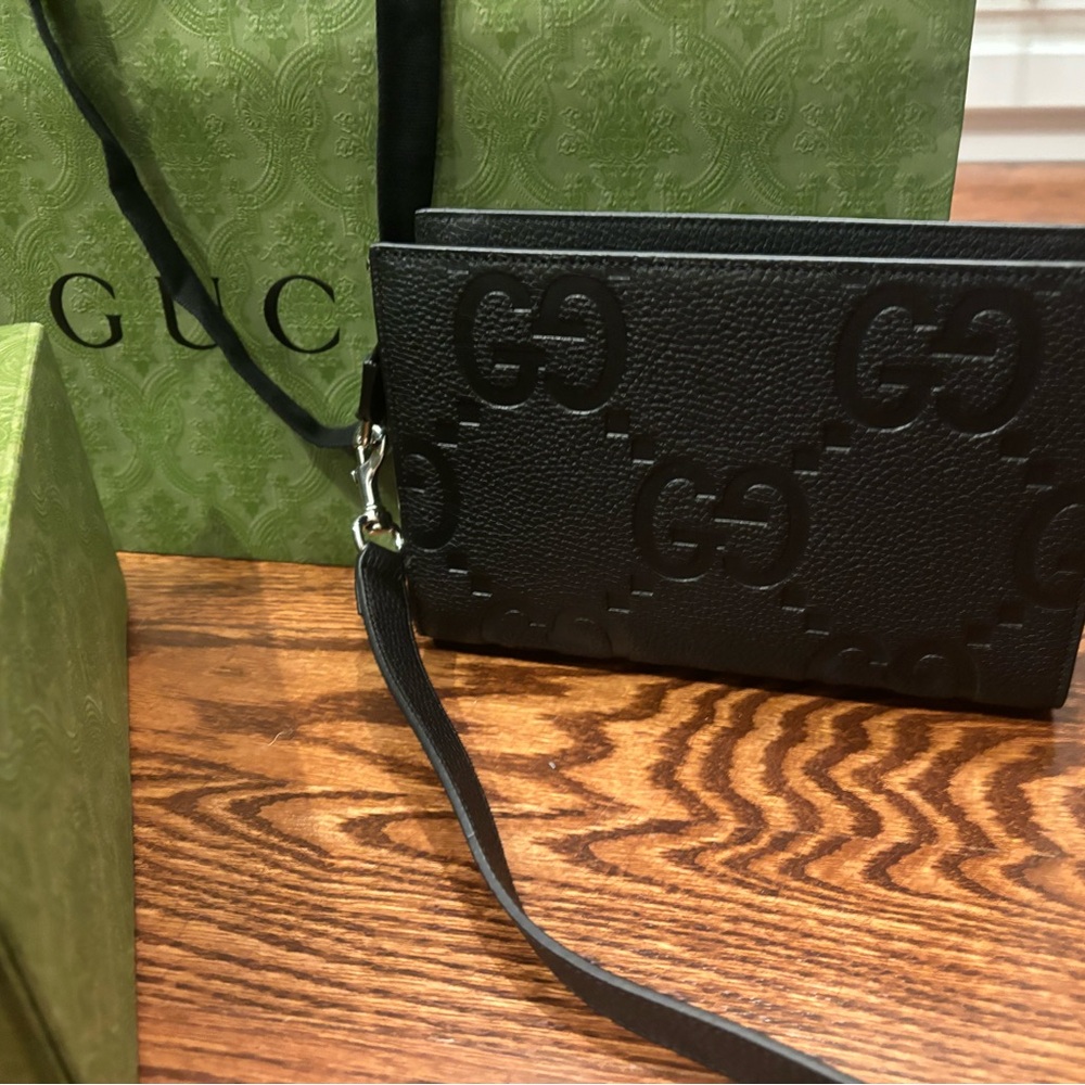 Gucci Black Embossed Leather Wristlet